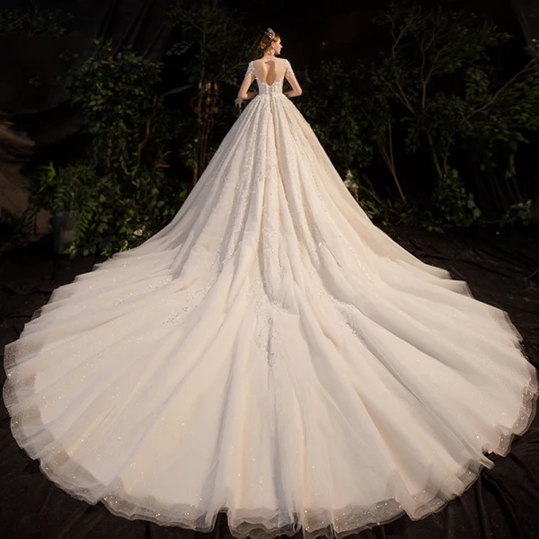 Luxury / Gorgeous Champagne Bridal Wedding Dresses 2020 Ball Gown See-through Scoop Neck Short Sleeve Backless Appliques Flower Beading Rhinestone Glitter Tulle Cathedral Train Ruffle