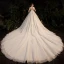 Luxury / Gorgeous Champagne Bridal Wedding Dresses 2020 Ball Gown See-through Scoop Neck Short Sleeve Backless Appliques Flower Beading Rhinestone Glitter Tulle Cathedral Train Ruffle