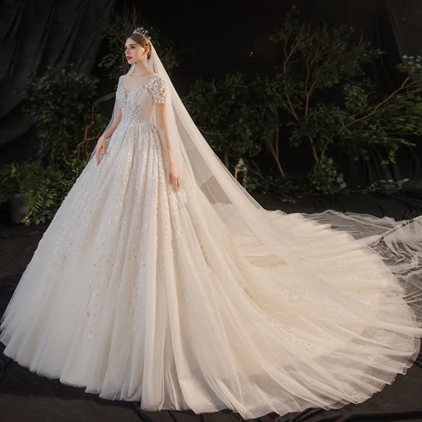 Luxury / Gorgeous Champagne Bridal Wedding Dresses 2020 Ball Gown See-through Scoop Neck Short Sleeve Backless Appliques Flower Beading Rhinestone Glitter Tulle Cathedral Train Ruffle