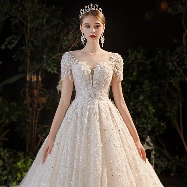 Luxury / Gorgeous Champagne Bridal Wedding Dresses 2020 Ball Gown See-through Scoop Neck Short Sleeve Backless Appliques Flower Beading Rhinestone Glitter Tulle Cathedral Train Ruffle