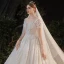 Luxury / Gorgeous Champagne Bridal Wedding Dresses 2020 Ball Gown See-through Scoop Neck Short Sleeve Backless Appliques Flower Beading Rhinestone Glitter Tulle Cathedral Train Ruffle