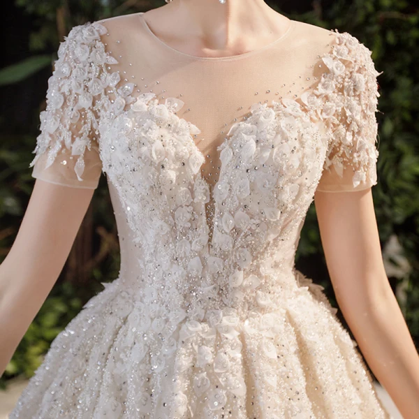 Luxury / Gorgeous Champagne Bridal Wedding Dresses 2020 Ball Gown See-through Scoop Neck Short Sleeve Backless Appliques Flower Beading Rhinestone Glitter Tulle Cathedral Train Ruffle