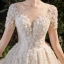 Luxury / Gorgeous Champagne Bridal Wedding Dresses 2020 Ball Gown See-through Scoop Neck Short Sleeve Backless Appliques Flower Beading Rhinestone Glitter Tulle Cathedral Train Ruffle