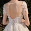 Luxury / Gorgeous Champagne Bridal Wedding Dresses 2020 Ball Gown See-through Scoop Neck Short Sleeve Backless Appliques Flower Beading Rhinestone Glitter Tulle Cathedral Train Ruffle
