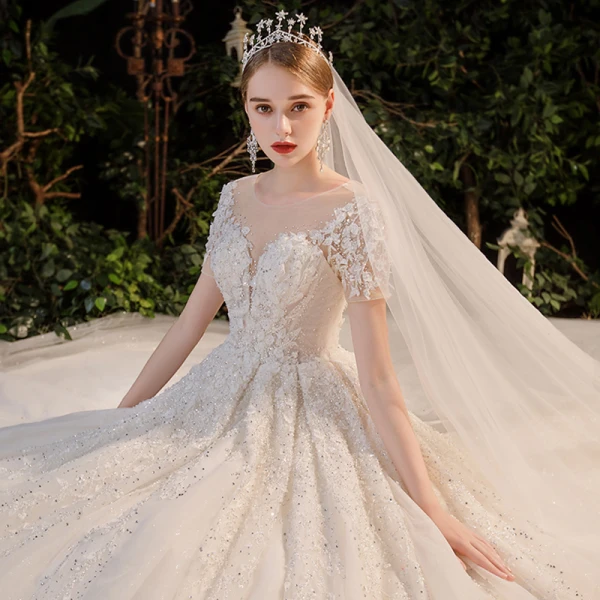 Luxury / Gorgeous Champagne Bridal Wedding Dresses 2020 Ball Gown See-through Scoop Neck Short Sleeve Backless Appliques Flower Beading Rhinestone Glitter Tulle Cathedral Train Ruffle
