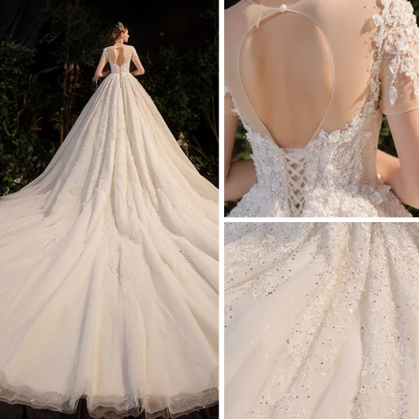 Luxury / Gorgeous Champagne Bridal Wedding Dresses 2020 Ball Gown See-through Scoop Neck Short Sleeve Backless Appliques Flower Beading Rhinestone Glitter Tulle Cathedral Train Ruffle