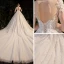Luxury / Gorgeous Champagne Bridal Wedding Dresses 2020 Ball Gown See-through Scoop Neck Short Sleeve Backless Appliques Flower Beading Rhinestone Glitter Tulle Cathedral Train Ruffle
