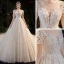 Luxury / Gorgeous Champagne Bridal Wedding Dresses 2020 Ball Gown See-through Scoop Neck Short Sleeve Backless Appliques Flower Beading Rhinestone Glitter Tulle Cathedral Train Ruffle