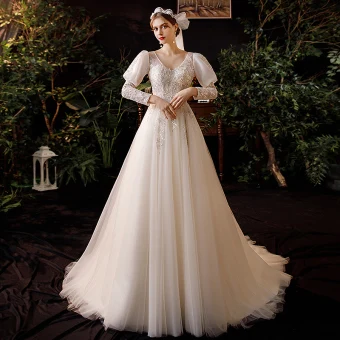 Champagne Outdoor Garden Light Wedding Dresses 2020 A Line Princess V Neck Puffy Long Sleeve Backless Sequins Beading Sweep Train Ruffle