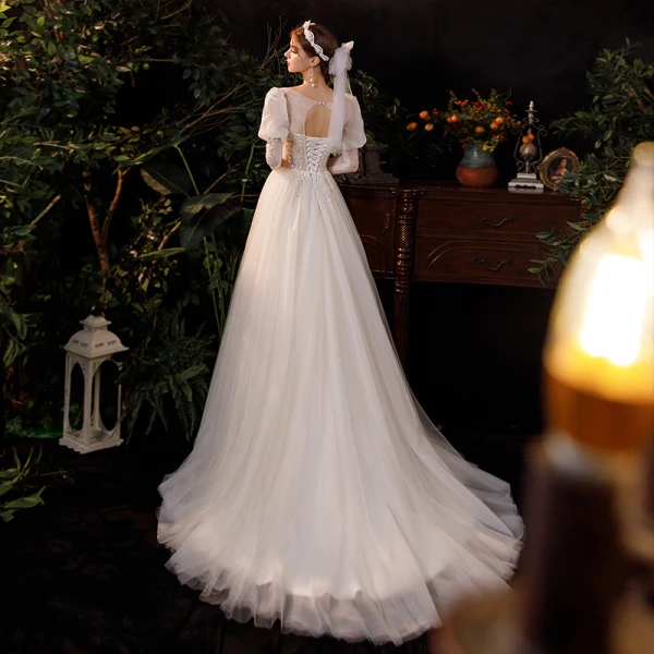 Champagner Garten / Im Freien Leichtes Brautkleider / Hochzeitskleider 2020 A Linie V-Ausschnitt Geschwollenes Lange Ärmel Rückenfreies Pailletten Perlenstickerei Sweep / Pinsel Zug Rüschen