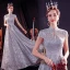 Chinese style Grey See-through Prom Dresses 2020 A-Line / Princess High Neck Sleeveless Pearl Glitter Tulle Floor-Length / Long Backless Formal Dresses