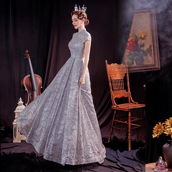 Chinese style Grey See-through Prom Dresses 2020 A-Line / Princess High Neck Sleeveless Pearl Glitter Tulle Floor-Length / Long Backless Formal Dresses