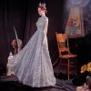 Style Chinois Gris Transparentes Robe De Bal 2020 Princesse Col Haut Sans Manches Perle Glitter Tulle Longue Dos Nu Robe De Ceremonie