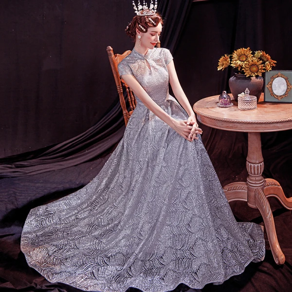 Chinese style Grey See-through Prom Dresses 2020 A-Line / Princess High Neck Sleeveless Pearl Glitter Tulle Floor-Length / Long Backless Formal Dresses