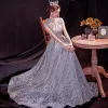Style Chinois Gris Transparentes Robe De Bal 2020 Princesse Col Haut Sans Manches Perle Glitter Tulle Longue Dos Nu Robe De Ceremonie