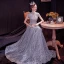 Chinese style Grey See-through Prom Dresses 2020 A-Line / Princess High Neck Sleeveless Pearl Glitter Tulle Floor-Length / Long Backless Formal Dresses