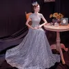 Chinese style Grey See-through Prom Dresses 2020 A-Line / Princess High Neck Sleeveless Pearl Glitter Tulle Floor-Length / Long Backless Formal Dresses