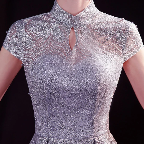 Chinese style Grey See-through Prom Dresses 2020 A-Line / Princess High Neck Sleeveless Pearl Glitter Tulle Floor-Length / Long Backless Formal Dresses