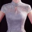 Chinese style Grey See-through Prom Dresses 2020 A-Line / Princess High Neck Sleeveless Pearl Glitter Tulle Floor-Length / Long Backless Formal Dresses