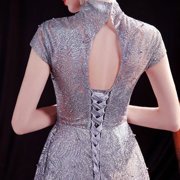 Chinese style Grey See-through Prom Dresses 2020 A-Line / Princess High Neck Sleeveless Pearl Glitter Tulle Floor-Length / Long Backless Formal Dresses