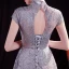 Chinese style Grey See-through Prom Dresses 2020 A-Line / Princess High Neck Sleeveless Pearl Glitter Tulle Floor-Length / Long Backless Formal Dresses