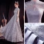 Chinese style Grey See-through Prom Dresses 2020 A-Line / Princess High Neck Sleeveless Pearl Glitter Tulle Floor-Length / Long Backless Formal Dresses
