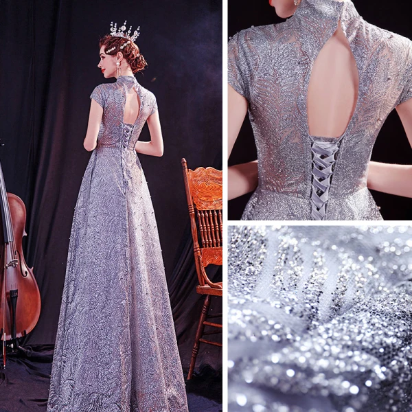 Chinese style Grey See-through Prom Dresses 2020 A-Line / Princess High Neck Sleeveless Pearl Glitter Tulle Floor-Length / Long Backless Formal Dresses