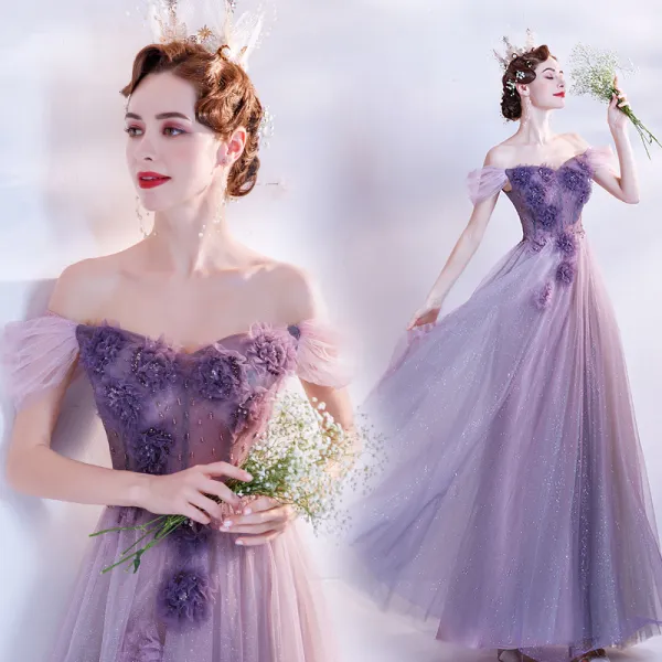 Flower Fairy Purple Dancing Prom Dresses 2020 A-Line / Princess Off-The-Shoulder Short Sleeve Appliques Flower Beading Glitter Tulle Floor-Length / Long Ruffle Backless