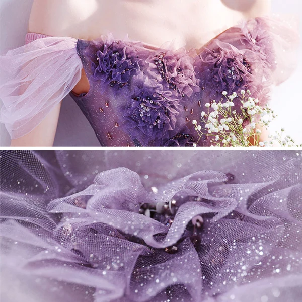Flower Fairy Purple Dancing Prom Dresses 2020 A-Line / Princess Off-The-Shoulder Short Sleeve Appliques Flower Beading Glitter Tulle Floor-Length / Long Ruffle Backless
