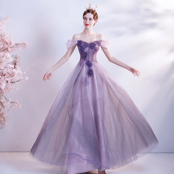 Flower Fairy Purple Dancing Prom Dresses 2020 A-Line / Princess Off-The-Shoulder Short Sleeve Appliques Flower Beading Glitter Tulle Floor-Length / Long Ruffle Backless