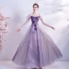 Flower Fairy Purple Dancing Prom Dresses 2020 A-Line / Princess Off-The-Shoulder Short Sleeve Appliques Flower Beading Glitter Tulle Floor-Length / Long Ruffle Backless