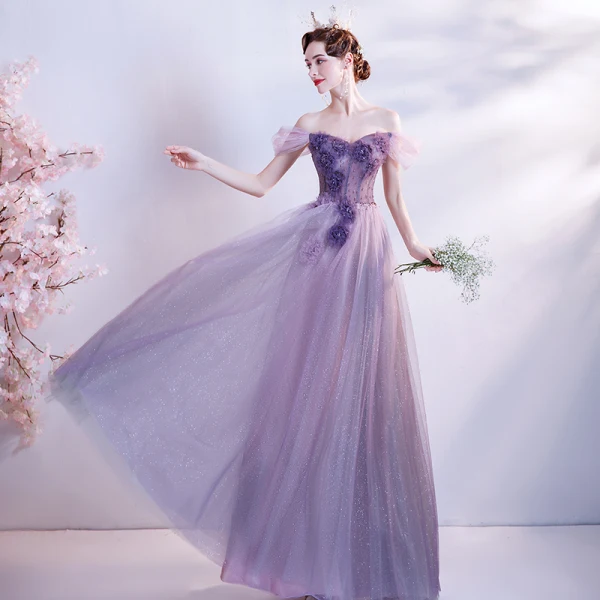 Flower Fairy Purple Dancing Prom Dresses 2020 A-Line / Princess Off-The-Shoulder Short Sleeve Appliques Flower Beading Glitter Tulle Floor-Length / Long Ruffle Backless