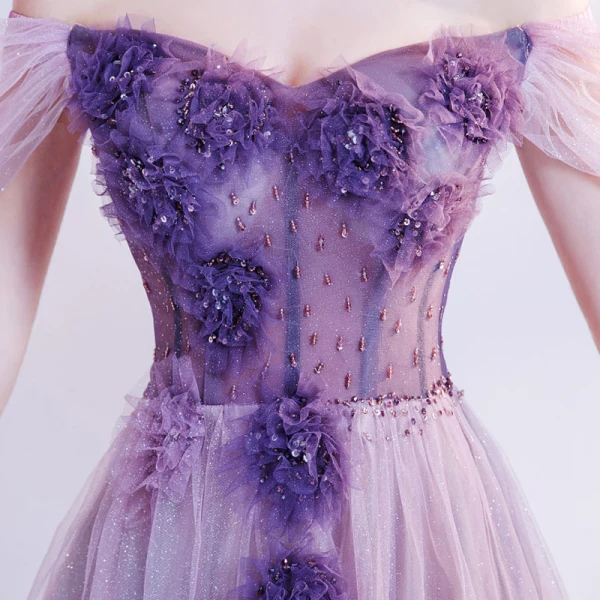 Flower Fairy Purple Dancing Prom Dresses 2020 A-Line / Princess Off-The-Shoulder Short Sleeve Appliques Flower Beading Glitter Tulle Floor-Length / Long Ruffle Backless