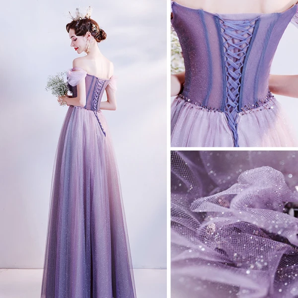 Flower Fairy Purple Dancing Prom Dresses 2020 A-Line / Princess Off-The-Shoulder Short Sleeve Appliques Flower Beading Glitter Tulle Floor-Length / Long Ruffle Backless
