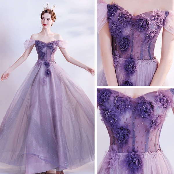 Flower Fairy Purple Dancing Prom Dresses 2020 A-Line / Princess Off-The-Shoulder Short Sleeve Appliques Flower Beading Glitter Tulle Floor-Length / Long Ruffle Backless