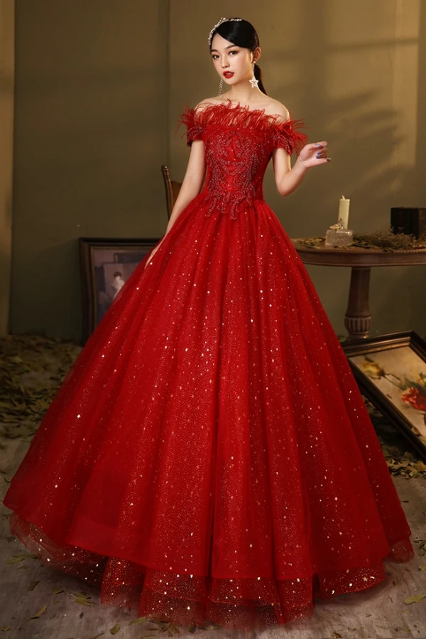 Chic / Beautiful Burgundy Prom Dresses 2020 Ball Gown Off-The-Shoulder Short Sleeve Feather Beading Sequins Floor-Length / Long Ruffle Backless Formal Dresses