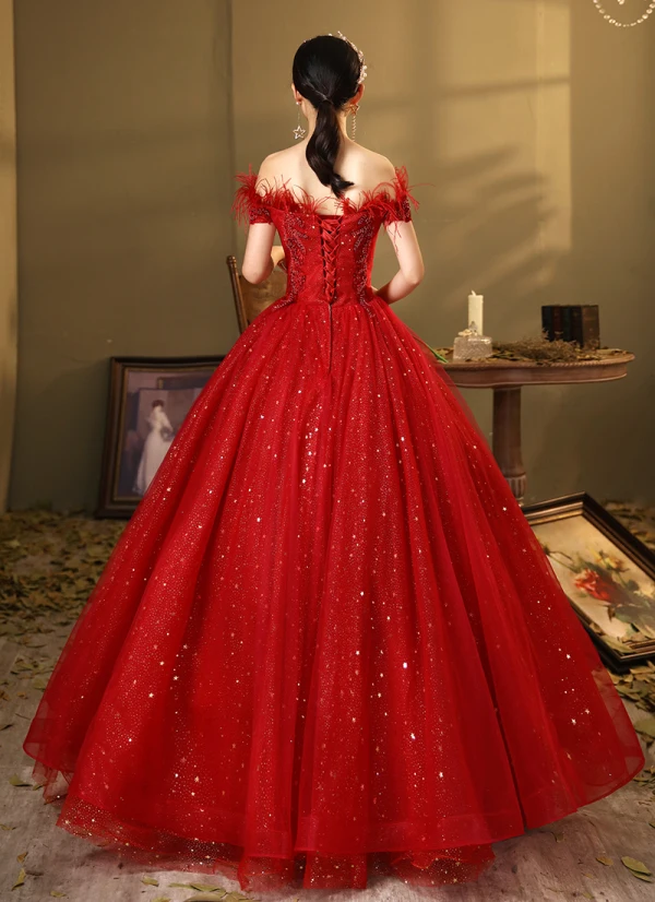 Chic / Beautiful Burgundy Prom Dresses 2020 Ball Gown Off-The-Shoulder Short Sleeve Feather Beading Sequins Floor-Length / Long Ruffle Backless Formal Dresses