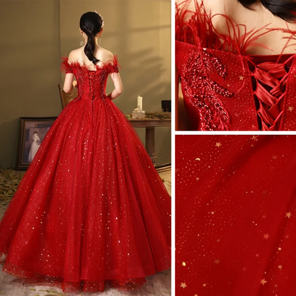 Chic / Beautiful Burgundy Prom Dresses 2020 Ball Gown Off-The-Shoulder Short Sleeve Feather Beading Sequins Floor-Length / Long Ruffle Backless Formal Dresses