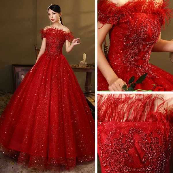 Chic / Beautiful Burgundy Prom Dresses 2020 Ball Gown Off-The-Shoulder Short Sleeve Feather Beading Sequins Floor-Length / Long Ruffle Backless Formal Dresses