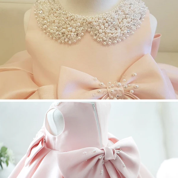 Mode Pink Satin Geburtstag Blumenmädchenkleider 2020 Ballkleid Rundhalsausschnitt Ärmellos Perlenstickerei Perle Schleife Kurze Rüschen Kleider Für Hochzeit