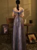 Élégant Bleu Roi Dansant Robe De Bal 2020 Princesse Transparentes Encolure Dégagée Manches Courtes Paillettes Longue Volants Dos Nu Robe De Ceremonie