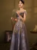 Élégant Bleu Roi Dansant Robe De Bal 2020 Princesse Transparentes Encolure Dégagée Manches Courtes Paillettes Longue Volants Dos Nu Robe De Ceremonie