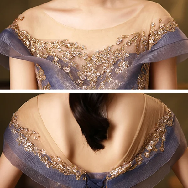 Élégant Bleu Roi Dansant Robe De Bal 2020 Princesse Transparentes Encolure Dégagée Manches Courtes Paillettes Longue Volants Dos Nu Robe De Ceremonie