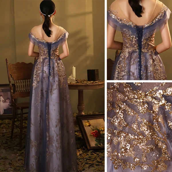 Élégant Bleu Roi Dansant Robe De Bal 2020 Princesse Transparentes Encolure Dégagée Manches Courtes Paillettes Longue Volants Dos Nu Robe De Ceremonie