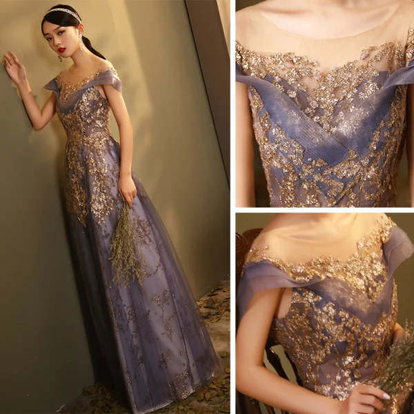 Élégant Bleu Roi Dansant Robe De Bal 2020 Princesse Transparentes Encolure Dégagée Manches Courtes Paillettes Longue Volants Dos Nu Robe De Ceremonie