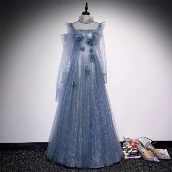 Vintage Originale Océan Bleu Transparentes Dansant Robe De Bal 2020 Princesse Col Haut Gonflée Manches Longues Perlage Paillettes Longue Volants Dos Nu Robe De Ceremonie