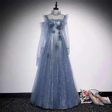 Vintage Retro Ocean Blue See Through Dancing Prom Dresses 2020 A Line Princess High Neck Puffy Long Sleeve Beading Sequins Floor Length Long Ruffle Backless Formal Dresses