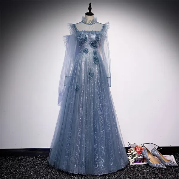 Vintage / Retro Ocean Blue See-through Dancing Prom Dresses 2020 A-Line / Princess High Neck Puffy Long Sleeve Beading Sequins Floor-Length / Long Ruffle Backless Formal Dresses