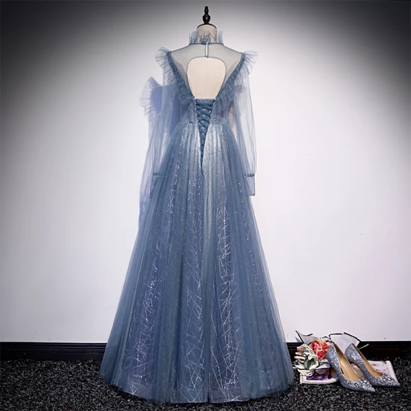 Vintage / Originale Océan Bleu Transparentes Dansant Robe De Bal 2020 Princesse Col Haut Gonflée Manches Longues Perlage Paillettes Longue Volants Dos Nu Robe De Ceremonie