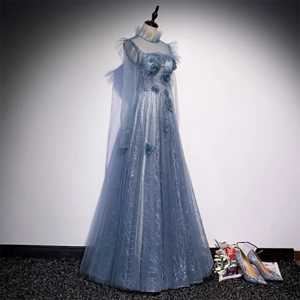 Vintage / Originale Océan Bleu Transparentes Dansant Robe De Bal 2020 Princesse Col Haut Gonflée Manches Longues Perlage Paillettes Longue Volants Dos Nu Robe De Ceremonie